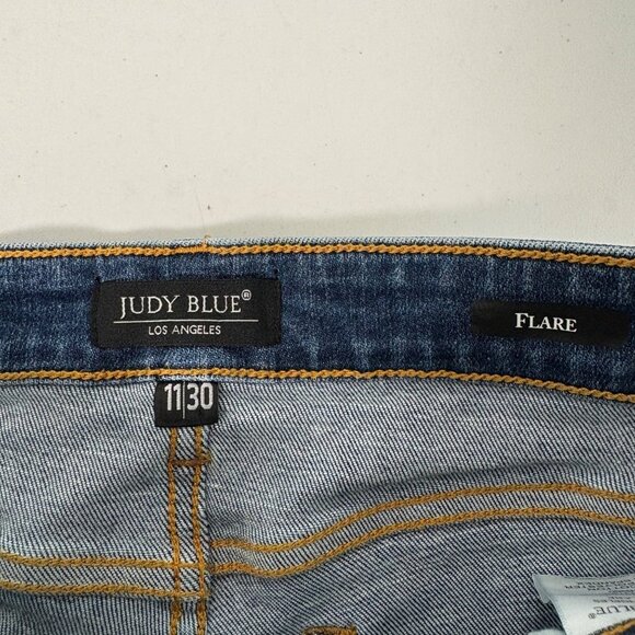 Judy Blue Flare Jeans Button Fly Size 11 30 Blue Denim Frayed High Rise Hippie - Picture 6 of 11